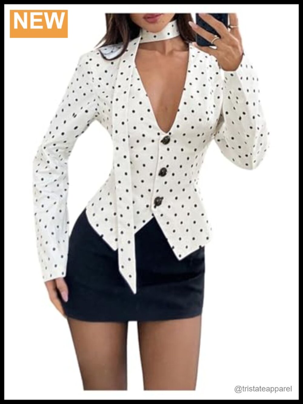 Women's Polka Dot V-Neck Blouse Button Front Long Sleeve With Scarf